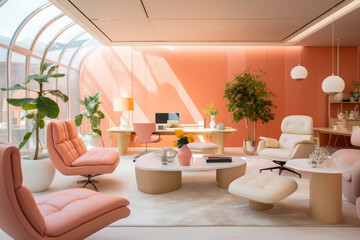 A Serene Haven of Salmon Hues: Inside the Enchanting Office with Vibrantly Coordinated Furniture and Luminous Lighting