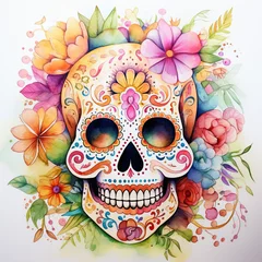 Fotobehang Aquarel doodshoofd watercolour bright sugar skull with flowers 