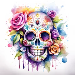 Store enrouleur Crâne aquarelle watercolour bright sugar skull with flowers 