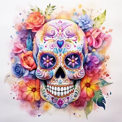Tuinposter Aquarel doodshoofd watercolour bright sugar skull with flowers 