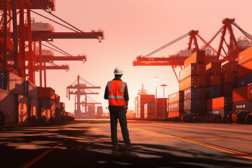 A man in a safety vest standing in front of cargo containers - obrazy, fototapety, plakaty
