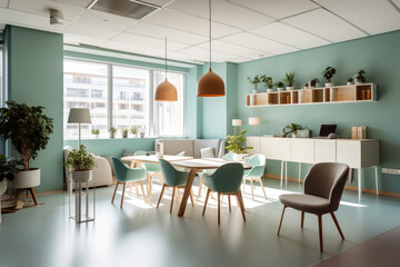 Fototapeta na wymiar Soothing Serenity: A Refreshing Office Interior in Mint Colors Brimming with Tranquility and Creativity
