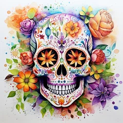 Stof per meter Aquarel doodshoofd watercolour bright sugar skull with flowers 