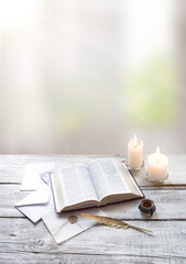 Fototapeta na wymiar Bible on white wooden table