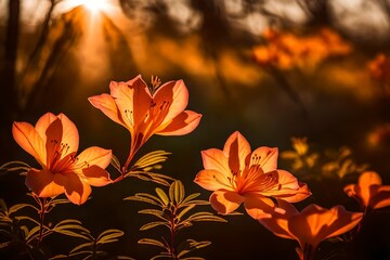 Naklejka na ściany i meble A solitary Azalea flower, bathed in the soft glow of the setting sun, stands as a symbol of resilience and beauty - AI Generative
