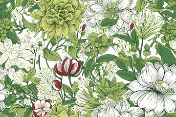 Vector abstract, art, backdrop, background, Christmas seamless pattern with Watercolor painting green leaves and lisianthus flower arrangement and berries. Hand drawn.