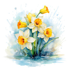 watercolour bright  daffodils flowers 