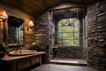 A Serene Escape: Rustic Cabin Bathroom with Log Walls and a Stone Shower