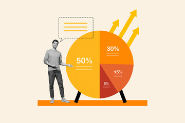 Banner artwork collage of handsome successful man hand showing board statistics empty space message...