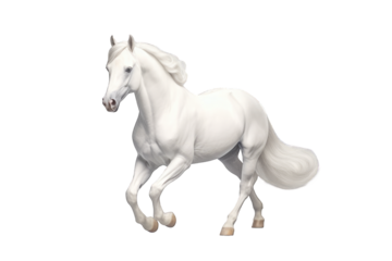 Shiny white horse running in action on a cutout PNG transparent background