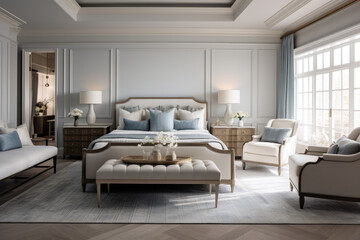 Elegant Tranquility: A Captivating Bedroom Interior with Transitional Style, Featuring Luxurious Furniture, Soft Lighting, and Serene Ambiance