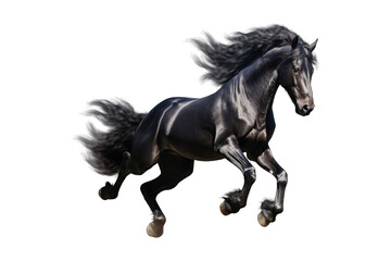 Shiny black horse running in action on a cutout PNG transparent background