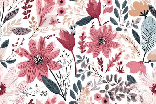 Flowers seamless background. Stylish beautiful floral pattern on paper texture. Elegance vintage vector illustration.
