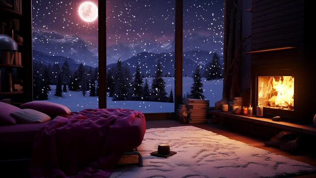 Cozy room in winter with snow outside, fireplace