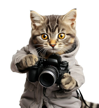 Funny cat with a photo camera on a white background.