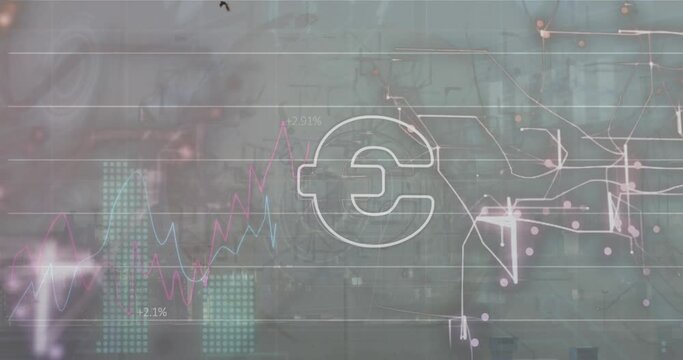 Animation of euro symbol, multiple graphs and changing numbers over abstract background