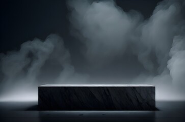 dark room filled with smoke, empty black marble table podium