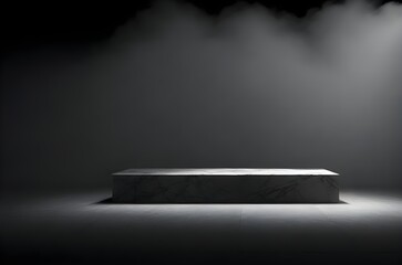 dark room filled with smoke, empty black marble table podium