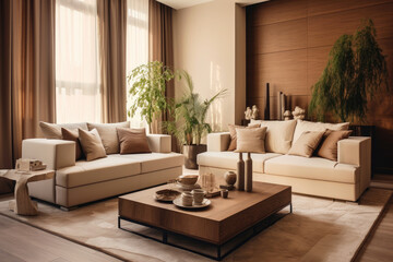 A Warm and Cozy Living Room Interior in Beige and Brown Colors, Featuring Elegant Furniture and Wood Accents