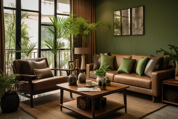 A Cozy and Serene Living Room Interior in Brown and Green Colors, Featuring Earthy Tones, Natural Elements, and Vibrant Accents