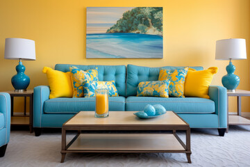A Vibrant and Cozy Living Room Interior in a Harmonious Blend of Yellow and Blue Hues