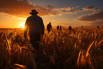 workers collecting harvest on wheat field on the sunset