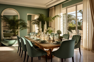 A Captivating Dining Room Decorated in Harmonious Green and Beige Tones, Exuding Elegance and Serenity