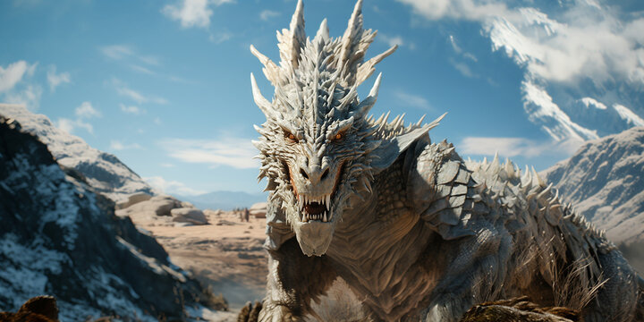 Stacheliges graues Monster in Drachen Gestalt in den Bergen im Querformat f&uuml;r Banner, ai generativ