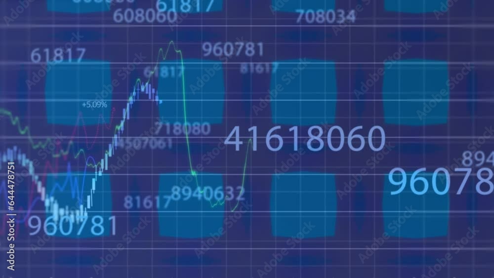 Poster animation of multiple graphs and changing numbers over squares against abstract background