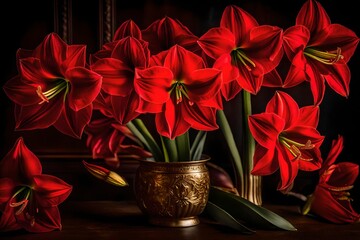 A still Life Close Up Shot of Amaryllis Flowers. These striking red blossoms seem to come alive in the photograph - AI generative