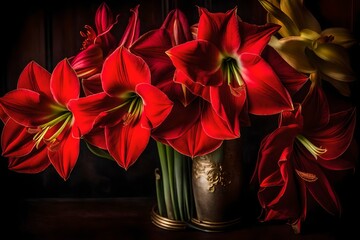 A still Life Close Up Shot of Amaryllis Flowers. These striking red blossoms seem to come alive in the photograph - AI generative