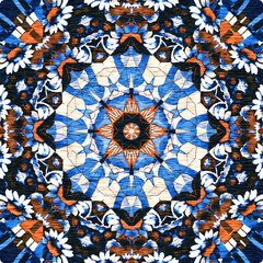 Indigo blue white vibrant watercolor batik azulejos tile background. Seamless coastal blur linen effect geometric mosaic effect.Boho Patchwork nautical masculine all over summer fashion repeat.