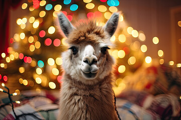 Cute happy alpaca,  Christmas fairy lights on the background 