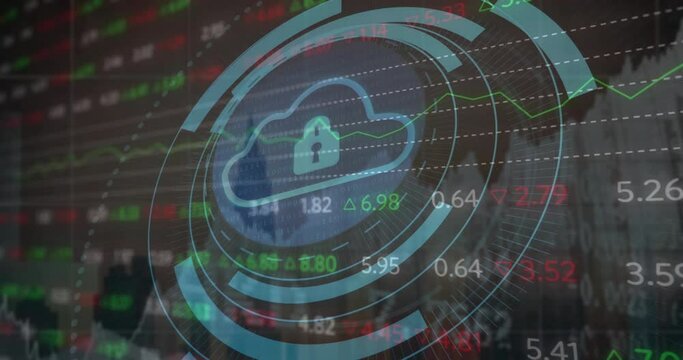 Animation of padlock in cloud and circles over graphs and trading board against buildings