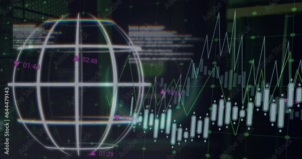 Poster animation of globe, multiple graphs with changing numbers and trading board over data server room