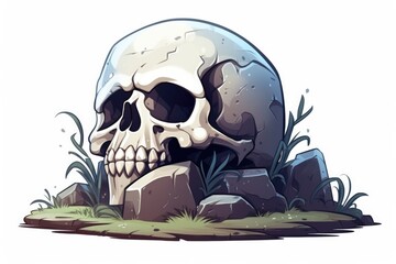 Cartoon cemetery grave and gravestone with skull on white background