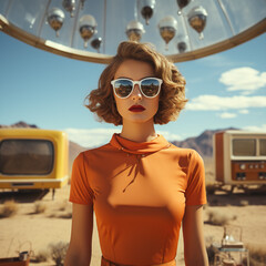 A blond woman in sunglasses wearing an orange dress in front of old TV sets from the 20th century. Retro-futurism aesthetics