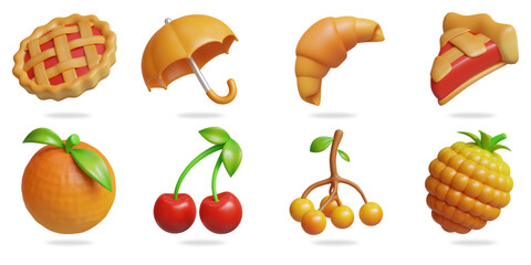 autumn 3D vector icon set.
pie,umbrella,croissant,pie slice,orange,cherry,rowan,raspberry