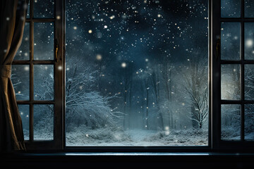 Snowy winter night view, open window 