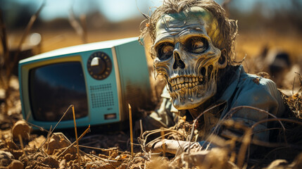 A remnant of a cyborg lies in a junkyard among an old demolished TV from the 20th century disposed of in the wasteland - obrazy, fototapety, plakaty