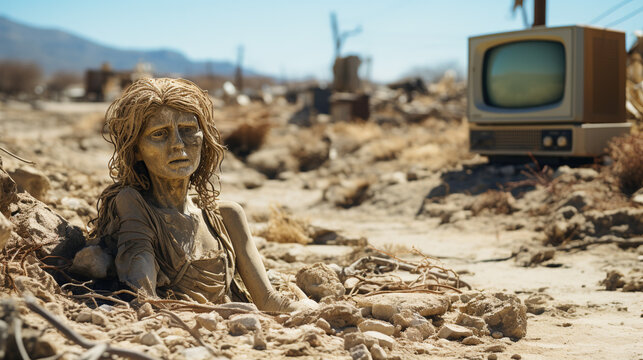 A petrified bust of a woman lying next to an old TV set from the 20th century disposed of in the scorched wasteland full of dust, sand, dry plants and bare rocks. Television exposure influence concept