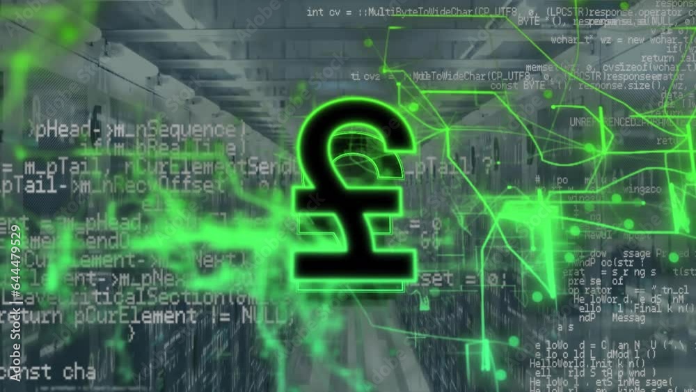 Poster animation of pound symbol, computer language and abstract pattern over server room