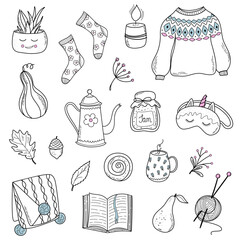 Lifestyle Fall collection. Doodle illustrations for stickers, patterns, coloring books. Hygge Autumn set.
