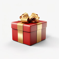 Obraz premium Red gift box with gold ribbon on white background. New Year and Christmas design of gift boxi. Present red box, tied with gold wrapping ribbon on surface.