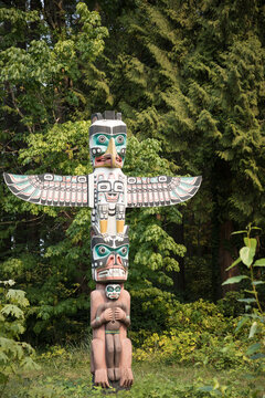 Beautiful view of the Totem Pole in Stanley Park in Vancouver, Canada