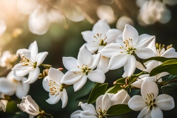 A still life close up shot of Jasmine flowers. The composition is a symphony of whites and greens, with the flowers standing as graceful notes on nature's staff - AI Generative