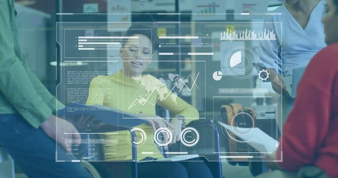 Animation of graphs, loading circles, bars, diverse handicap woman discussing reports with coworkers