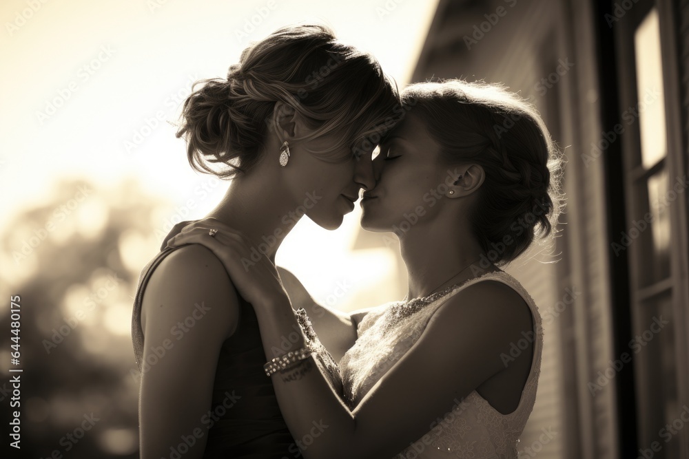 Wall mural beautiful black and white photo of two lesbian girls.