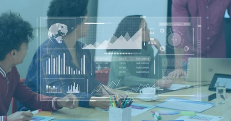 Animation of graphs, globe, loading bars over diverse manager explaining strategy to coworkers
