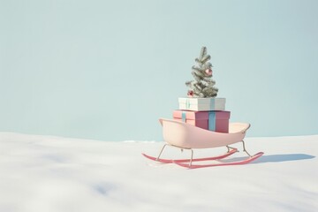 Pink sleds on the snow filled with Christmas gifts and a small tree, set against a blue sky. A minimalist and festive holiday concept